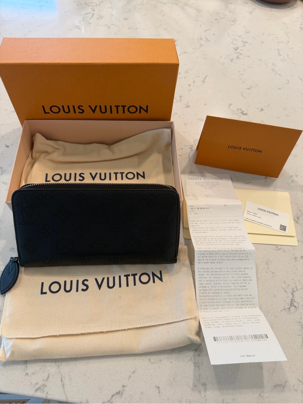 Louis Vuitton Black Embossed Zip Wallet with Leather Zip Pull